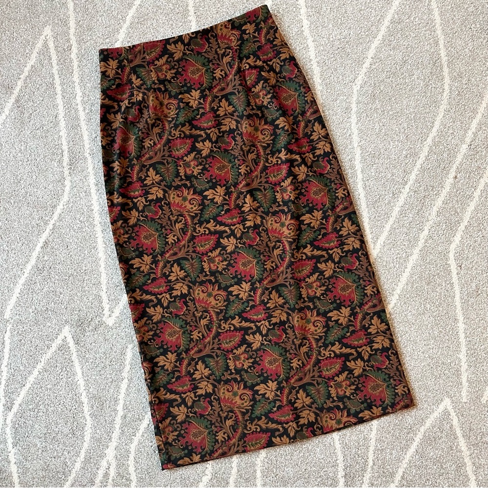 Briggs New York Black Red Tan Velvet Damask High Waist Maxi Skirt